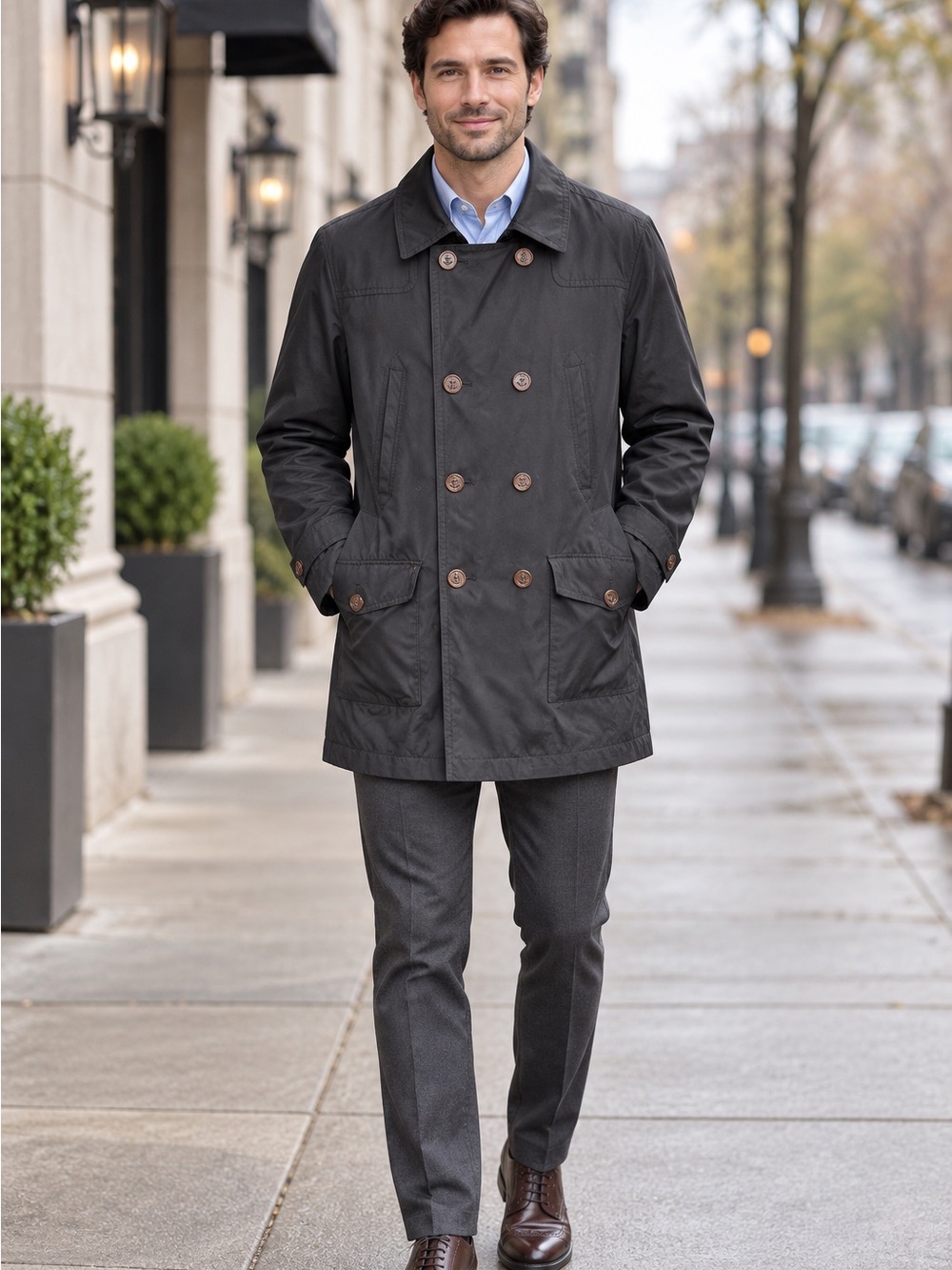Lauren Ralph Lauren Men’s Black Double Breasted Raincoat Trench Coat 42L Preppy